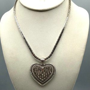 Vintage Bold Pave Heart Pendant Choker, Square Link Silver Tone Chain Necklace